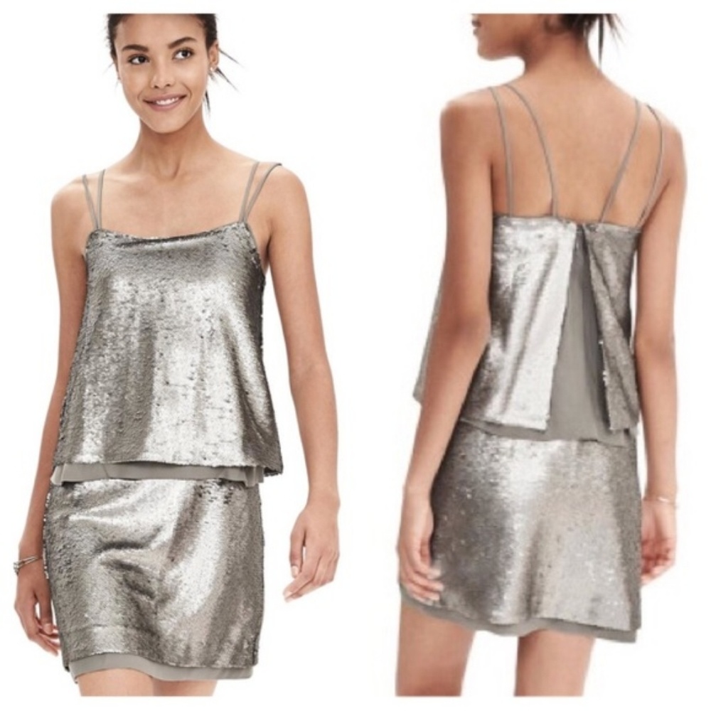 Banana Republic Silver Sequin Layered Dress Petite